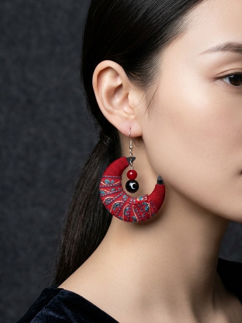 Boho Red Fabric Crescent Moon Dangle Earrings Handmade Tribal Folk Embroidery